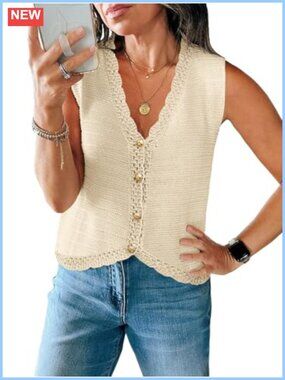 Womens Crochet Sweater Vest Button Down Sleeveless Knit Tank Top